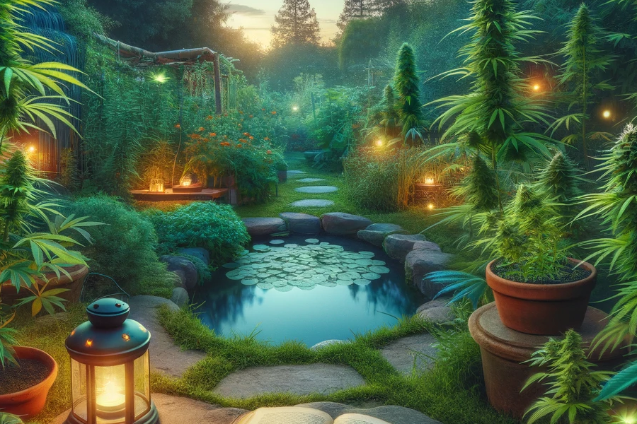 Serene pond encircled by lush cannabis plants, highlighting the plant's potential in therapeutic treatments